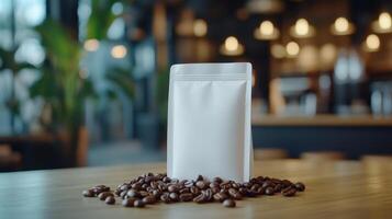 Blank coffee bag mockup with beans on cafe table photo