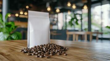Blank coffee bag mockup on cafe table with beans photo