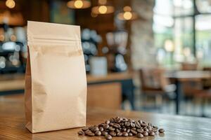 Coffee beans and blank bag in cafe setting for packaging mockup photo