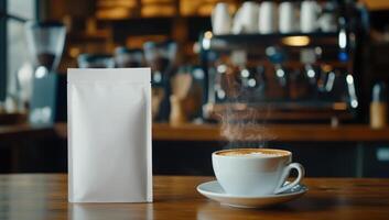 Blank coffee bag and steaming cup in cafe, product placement mockup photo