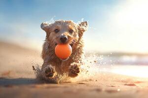 Dog fetching ball on beach with waves, sun in background for summer ad photo