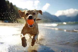 Dog runs, catching ball, at beach, lake, mountains, sunshine. Pet-related ads photo