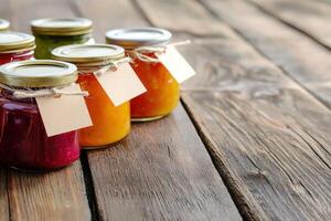 Jars of preserves on wood, rustic background. Mockup for labels, selling product photo