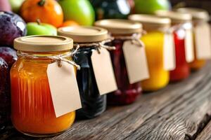Jars of preserves with fruit background, wooden table. For food product label photo