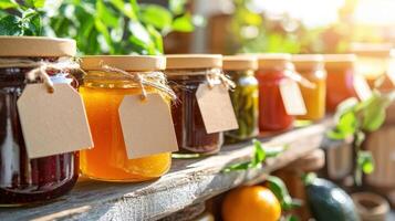 Jars of jam on shelf with garden backdrop for artisan products photo