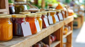 Jams on shelf with tags at outdoor market, blurred fruit in background for sale photo