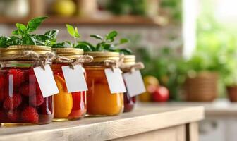 Jars of fruit preserves on counter with kitchen background for food ads photo