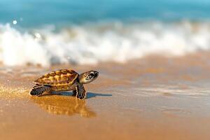 Sea turtle hatchling walks on a sandy beach near ocean waves for conservation use photo