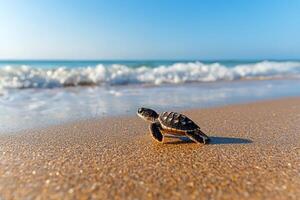 Hatchling turtle heads to ocean. Waves blur background. Conservation ad use photo