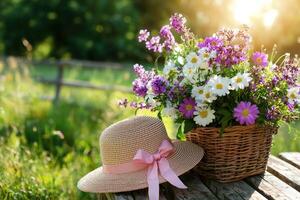 Flowers, hat, picnic on table, sunny field, trees. Use for spring ad photo