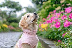 Dog with coat looking up in rain at flowers on path, possible pet product ad photo