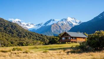 House nestled in mountains. Trees in background. Scenic backdrop for travel ad photo