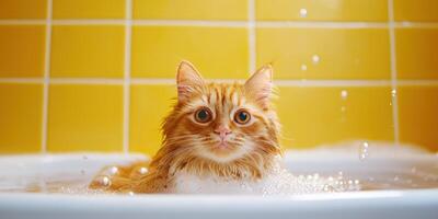 Bathing cat in bubbles with yellow tiles, for humor or hygiene products use photo