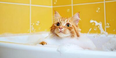 Ginger cat bathes in tub with bubbles in the yellow tiled bathroom area photo
