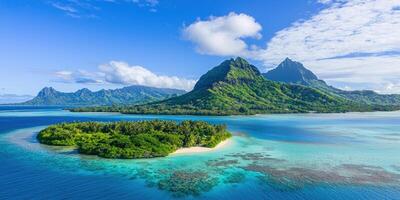Tropical island paradise turquoise ocean, mountain background, vacation use photo