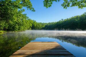 Dock over lake with mist, trees. Serene nature background for webpage header photo