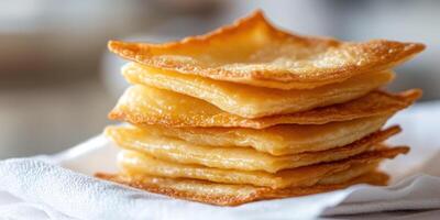 Stacked fried wontons served as appetizer on napkin, soft light background photo