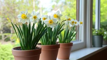 Daffodils blooming in pots by window with trees in background. Use Decoration photo
