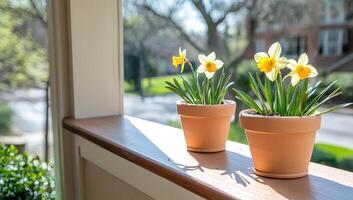 Daffodils on Porch Sill, Neighborhood in Blurred Background, for Spring Decorating photo