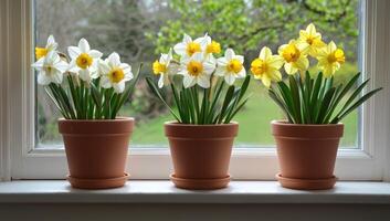 Narcissi bloom in pots indoors. Trees seen through window, spring vibe use photo