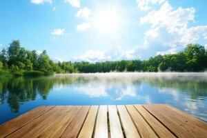 Lakeside Deck, Foggy Water, Forest Background Holiday, nature, relaxation use photo