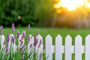 Flowers bloom by white fence, blurred sunset background, for summer ad photo