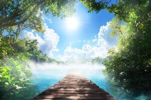 Dock extends to water, mist rises, trees frame sunny sky. Use Serenity image photo