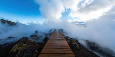 Boardwalk Amidst Geothermal Vents on a Cloudy Day, for Travel Promotion photo