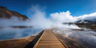Boardwalk over Geothermal area, Steam rising, Mountains in background, Iceland photo