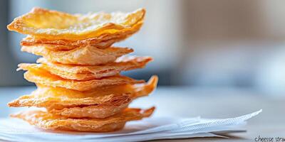 Piled crispy puff pastry snacks indoors on a napkin, soft background photo