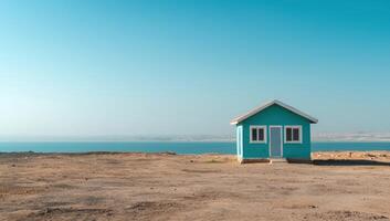 Small home by the sea, desert foreground, distant coast. Possible home insurance ad photo