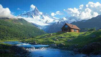 Cabin by River. Glaciers, peaks rise behind for nature scene. Use Travel, ads photo