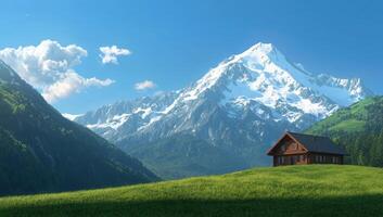 Cozy Cabin on Hillside, Mountains in Background. Ideal for travel ads photo