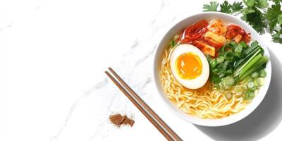 Noodles with Egg and Veggies on Stone Background, chopsticks, spices photo
