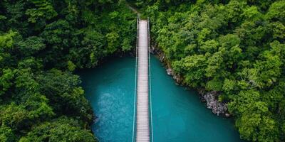 Bridge over river. Lush forest landscape background. Adventure travel use photo