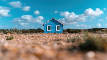 Model house on land, cloudy sky. Dream home concept, property purchase, loan ad photo
