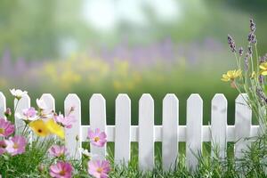 Flowers bloom by white fence. Garden in background. Use as web design background photo