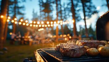 Grilling meats at backyard BBQ as friends gather by festive string lights photo