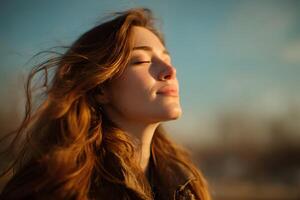 A woman with her eyes closed and her hair blowing in the wind photo