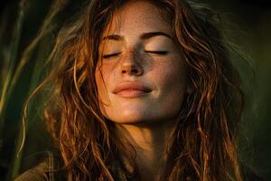 A woman with freckles and brown hair is looking at the camera photo