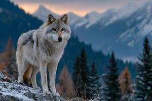 A lone wolf stands on a rocky hillside in front of a snowy mountain range photo
