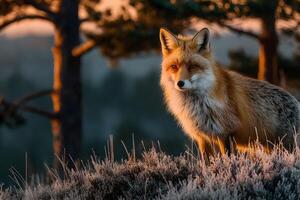A fox stands in the middle of a field at sunset photo