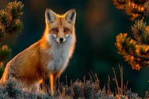 A fox is standing in the grass with trees in the background photo