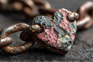 A rusty heart is shown on a chain photo