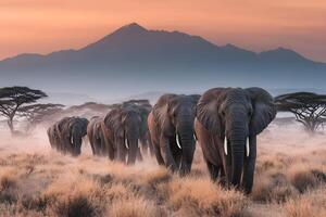 Elephants walking in the grass with mountains in the background photo