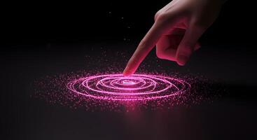 Hand Interacting with Pink Holographic Interface on Black Background photo