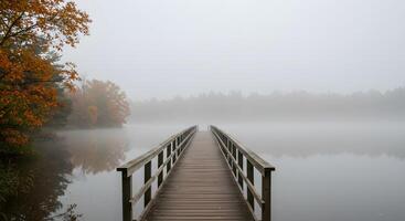 Foggy Lake with Wooden Pier and Autumn Trees photo