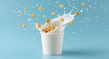 Cereal splash with milk in white paper cup on blue background photo