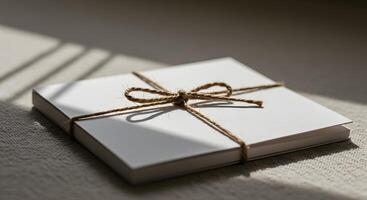 Stack of white paper cards tied with twine on textured surface photo