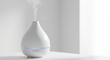 A white aroma diffuser is sitting on a table photo
